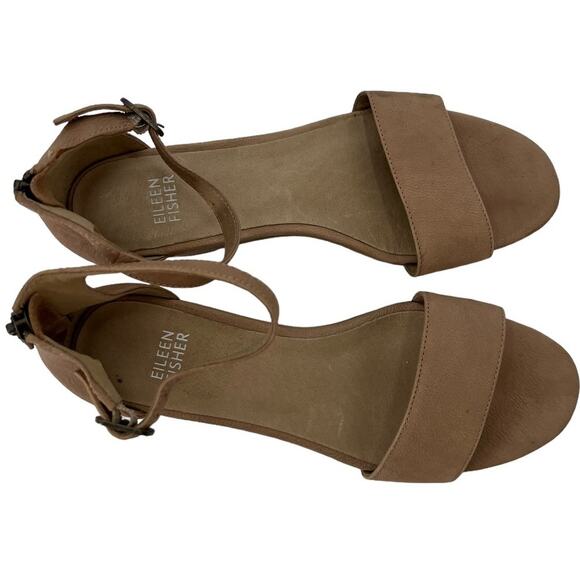 EILEEN FISHER "MARA" TAN LEATHER ANKLE STRAP OPEN TOE LOW HEEL SANDALS/WEDGES - Picture 4 of 11